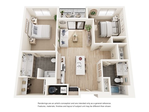 Floor plan for 2 beds, 2 baths, 1010 sqft